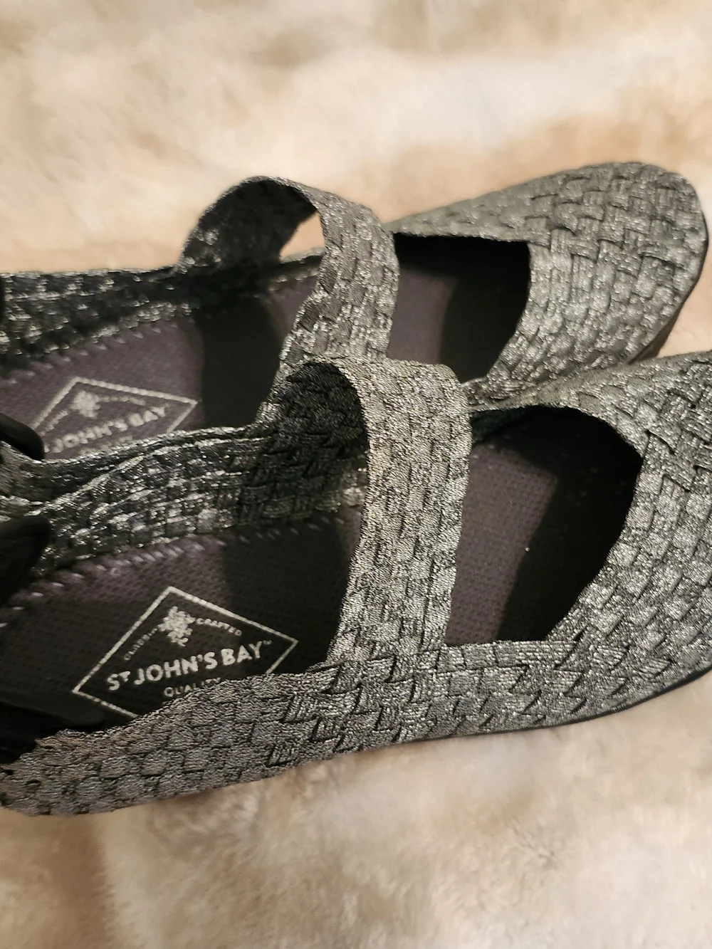 Woven Mary Jane Wedge Shoe in Gray Silver and Black